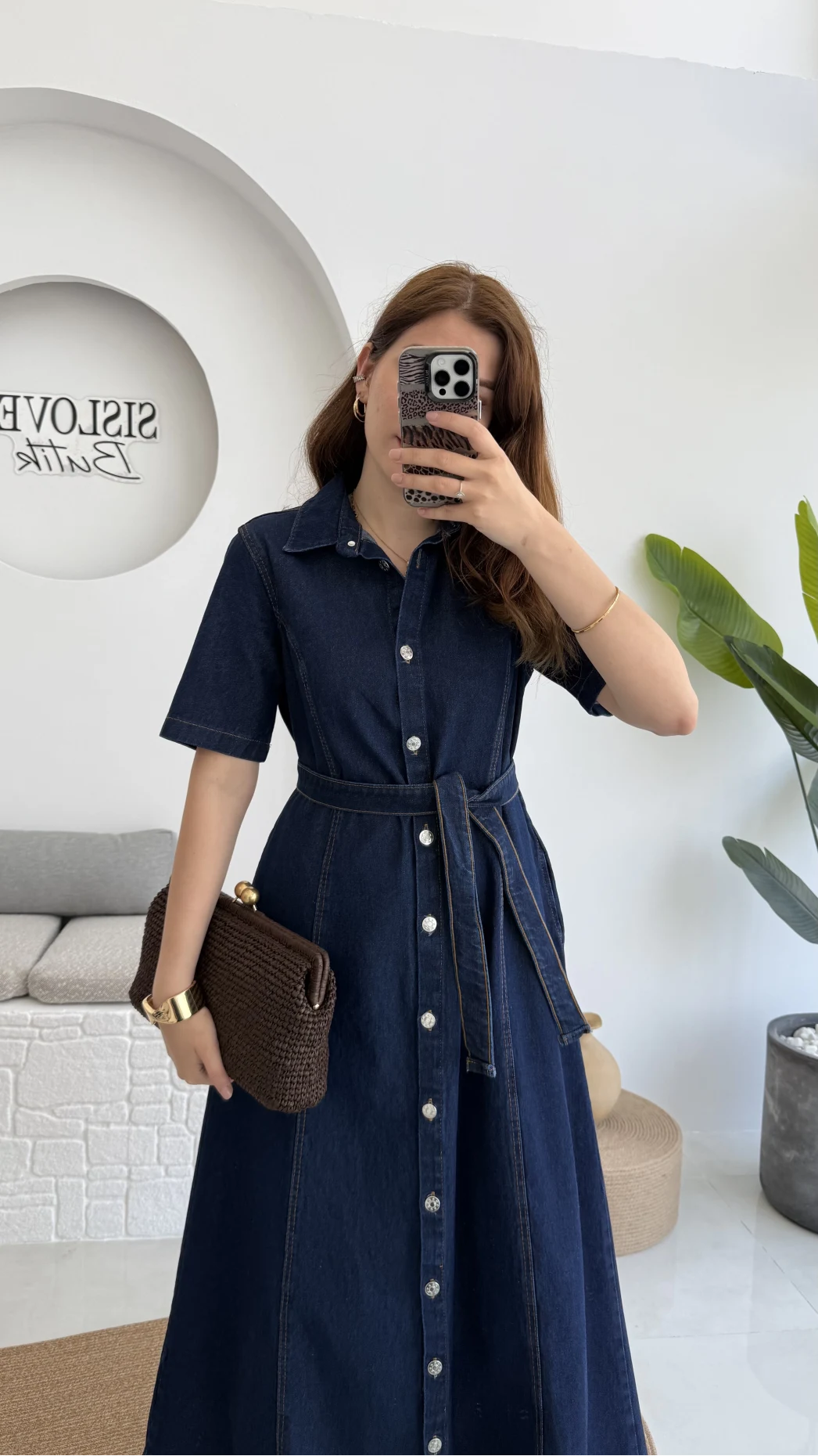 Kuşaklı Denim Uzun Elbise