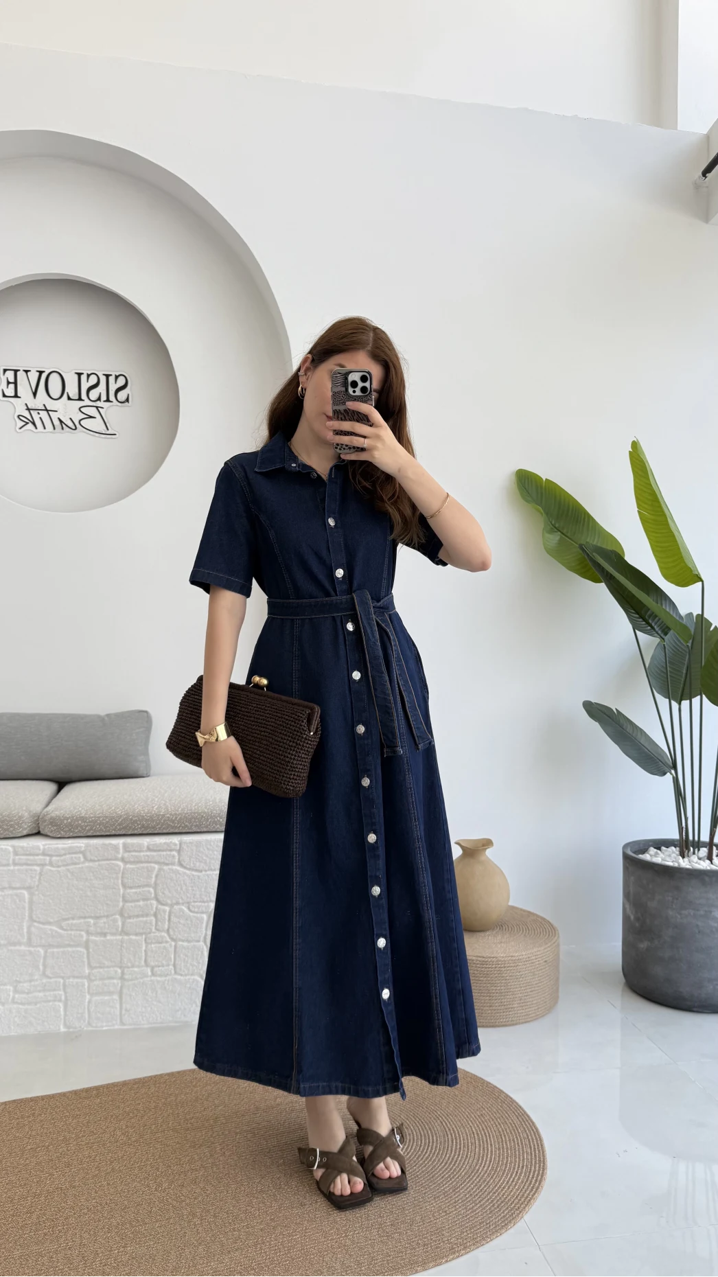 Kuşaklı Denim Uzun Elbise