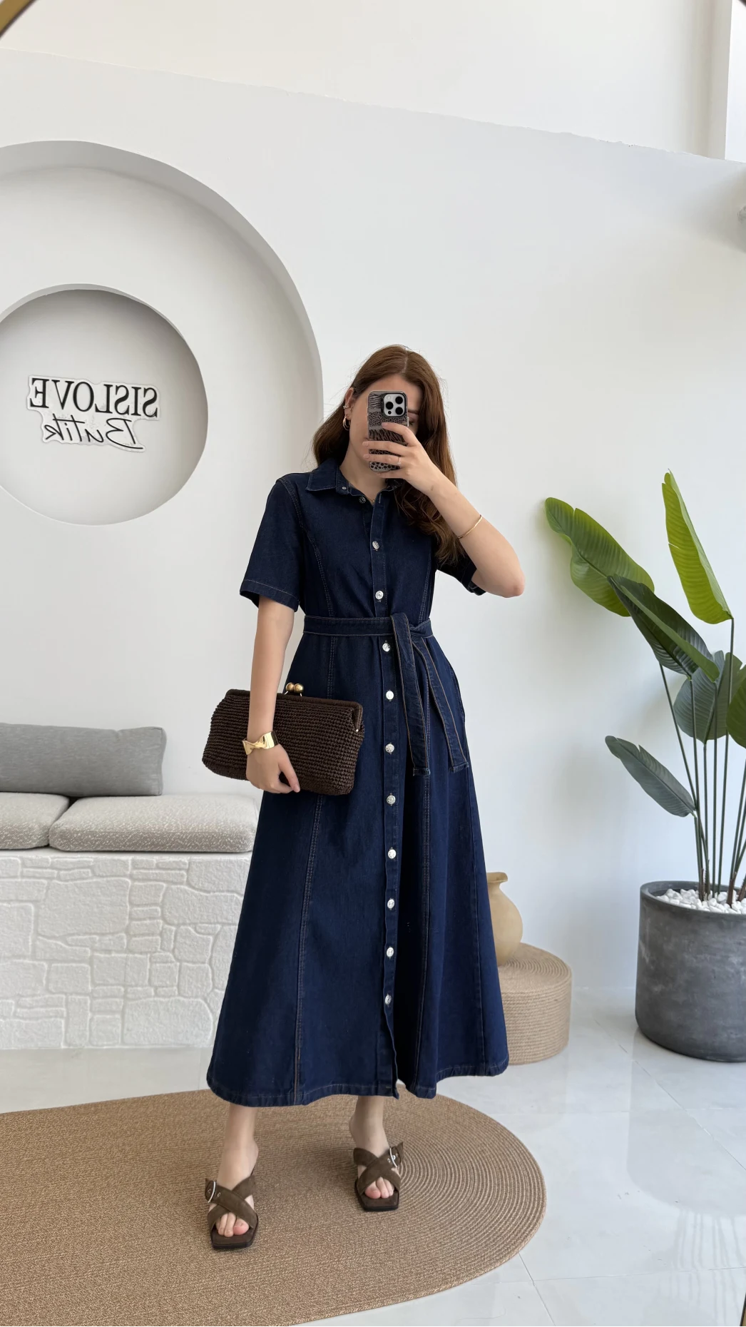 Kuşaklı Denim Uzun Elbise