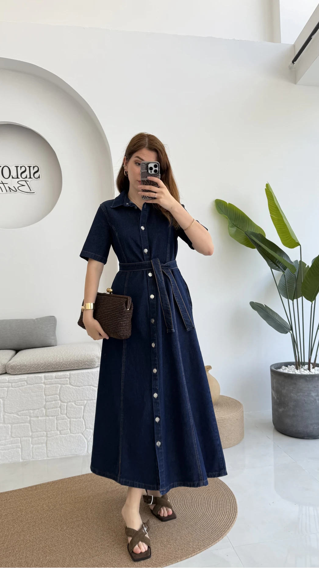 Kuşaklı Denim Uzun Elbise