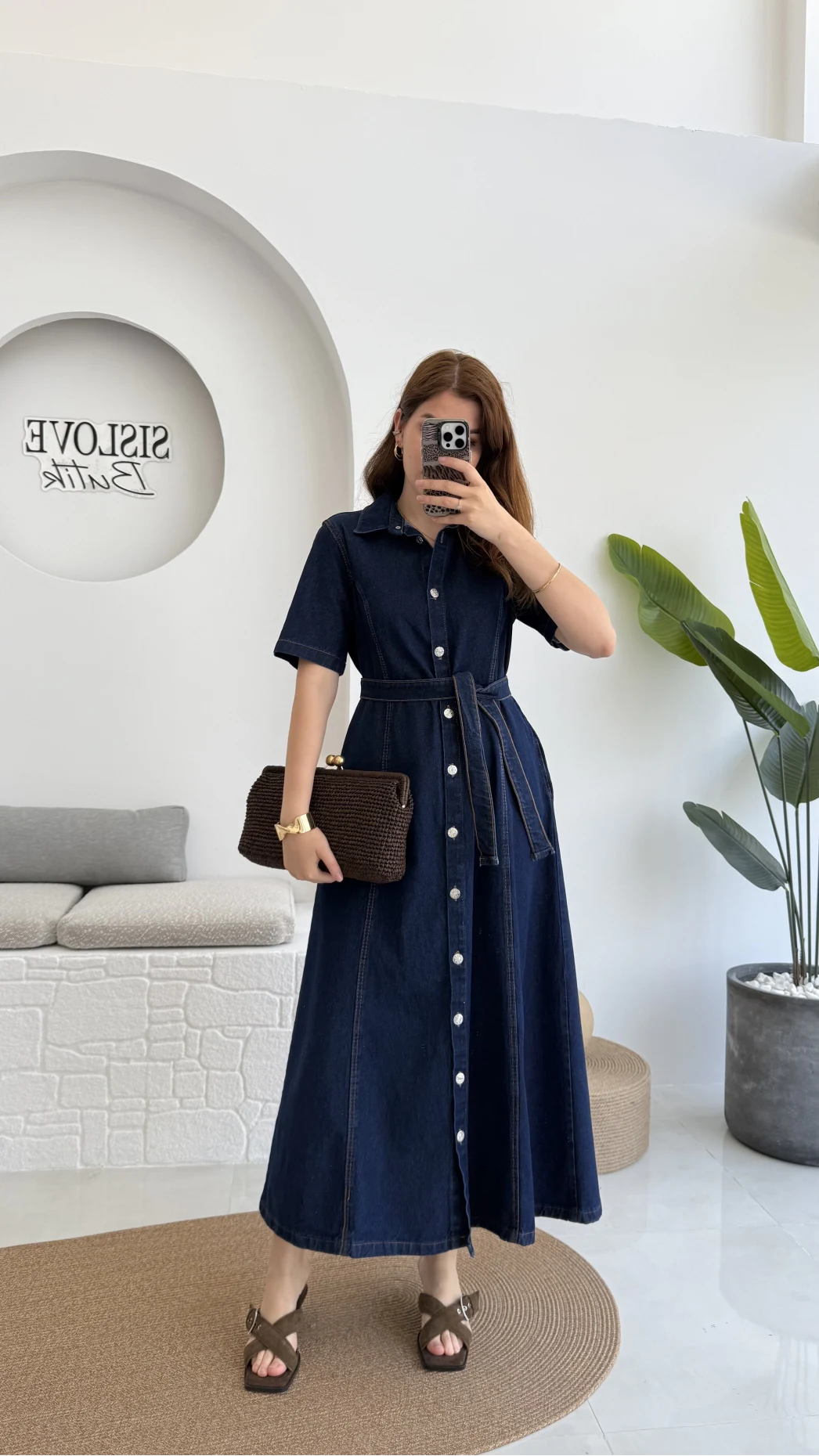 Kuşaklı Denim Uzun Elbise