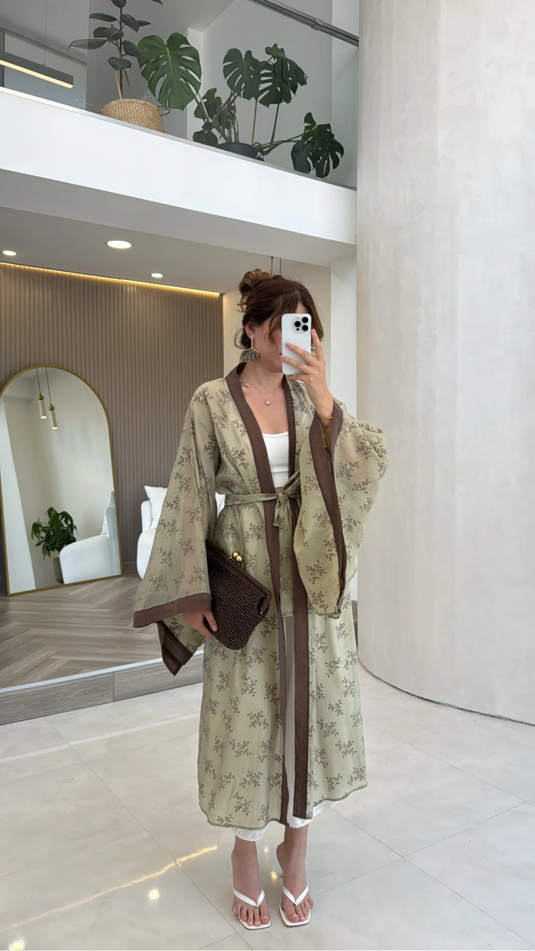 Kuşaklı Nakış İşlemeli Kimono - Adaçayı Yeşil - Kod: 5097