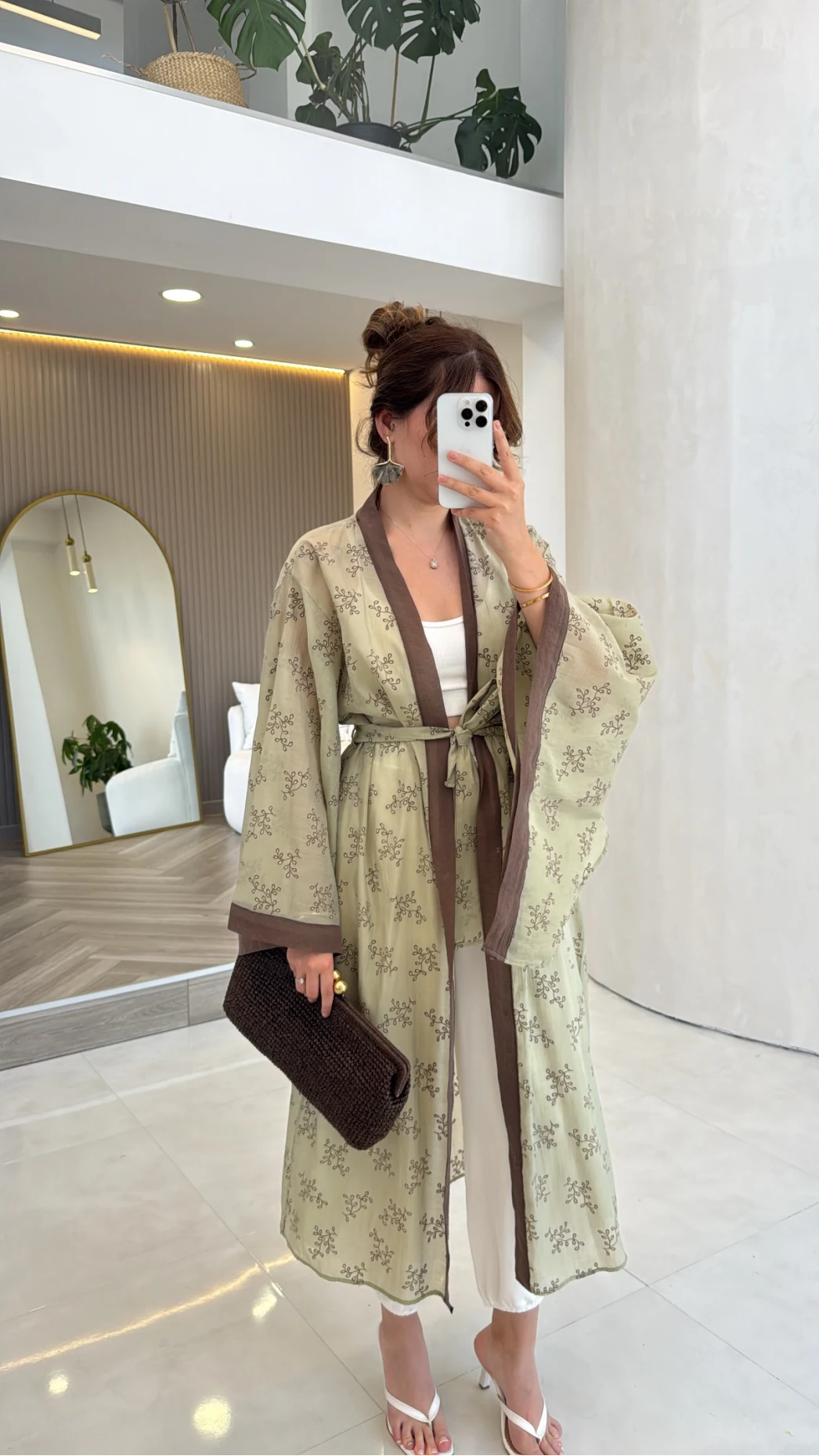 Kuşaklı Nakış İşlemeli Kimono - Adaçayı Yeşil - Kod: 5097