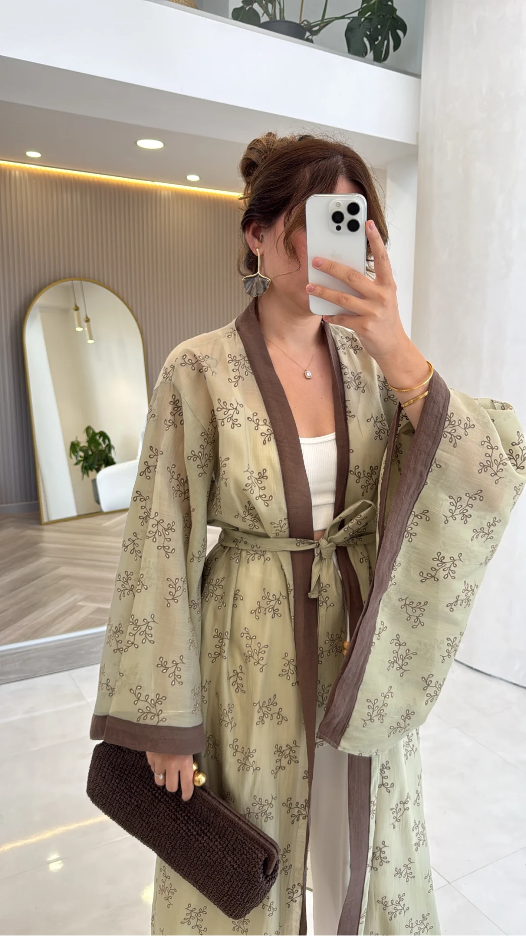 Kuşaklı Nakış İşlemeli Kimono - Adaçayı Yeşil - Kod: 5097