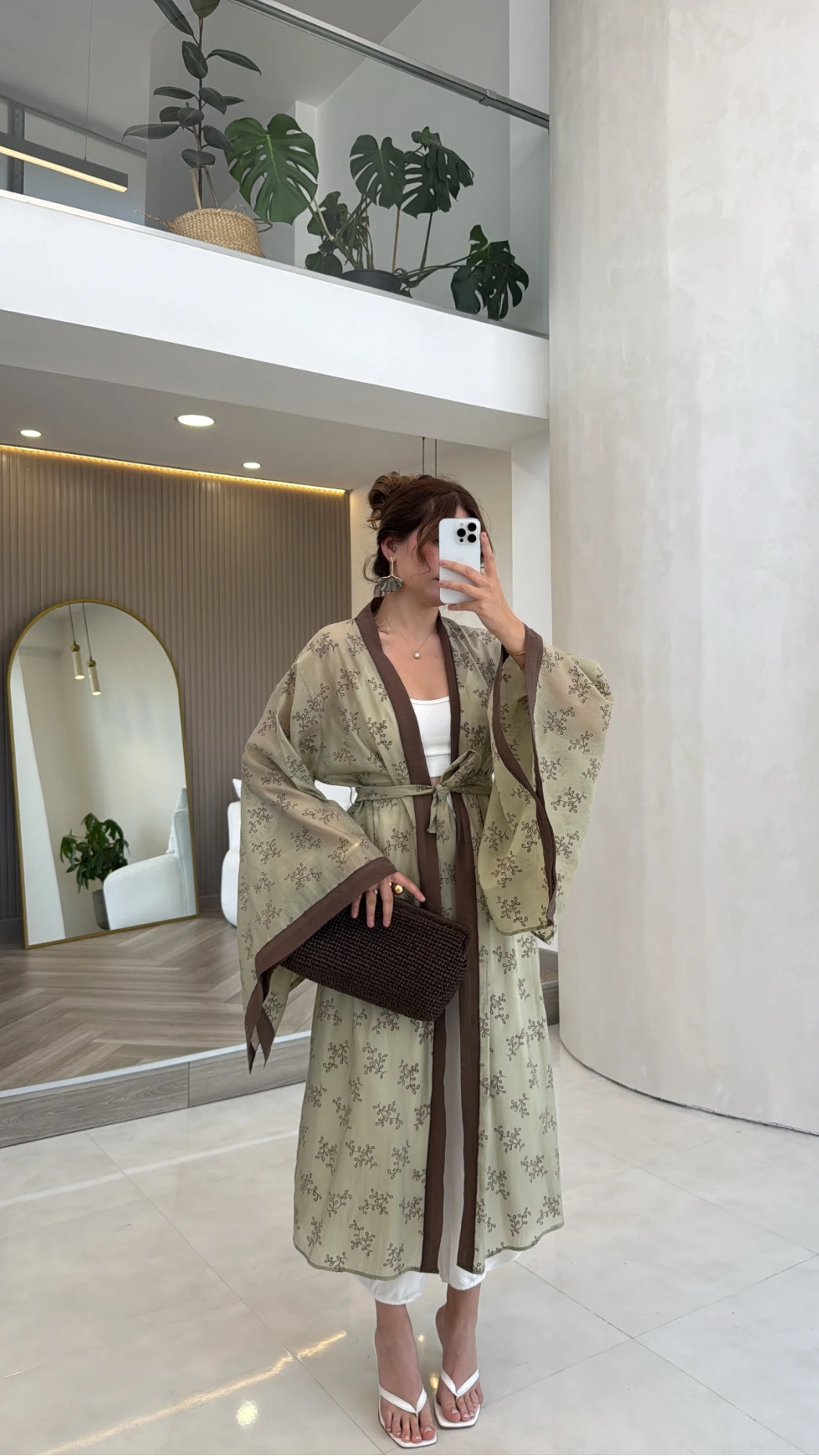 Kuşaklı Nakış İşlemeli Kimono - Adaçayı Yeşil - Kod: 5097
