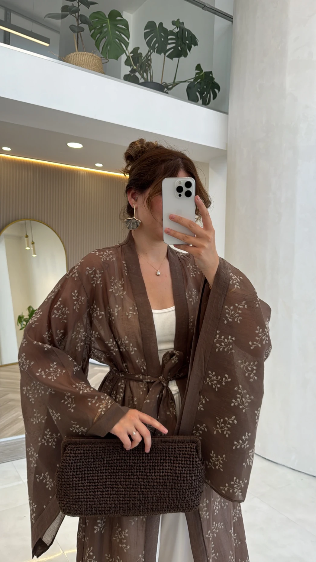 Kuşaklı Nakış İşlemeli Kimono - Kahve - Kod: 5097
