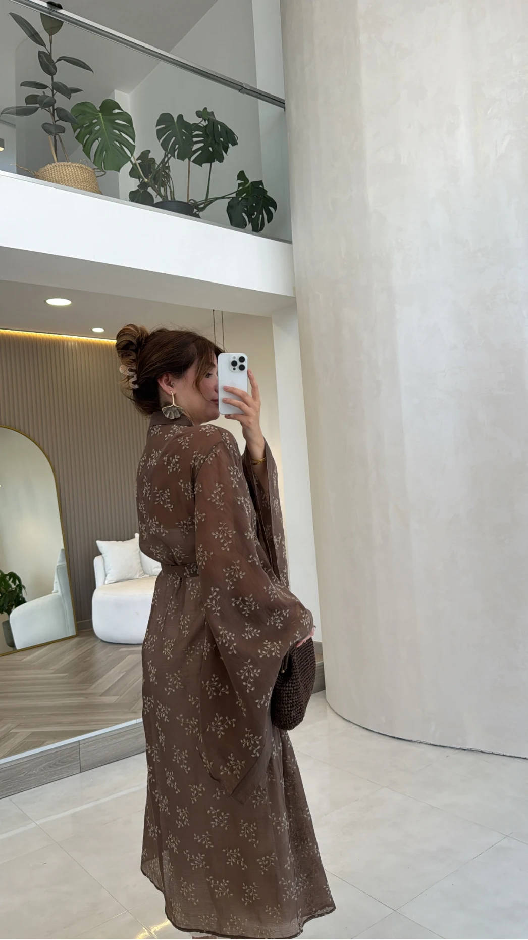 Kuşaklı Nakış İşlemeli Kimono - Kahve - Kod: 5097