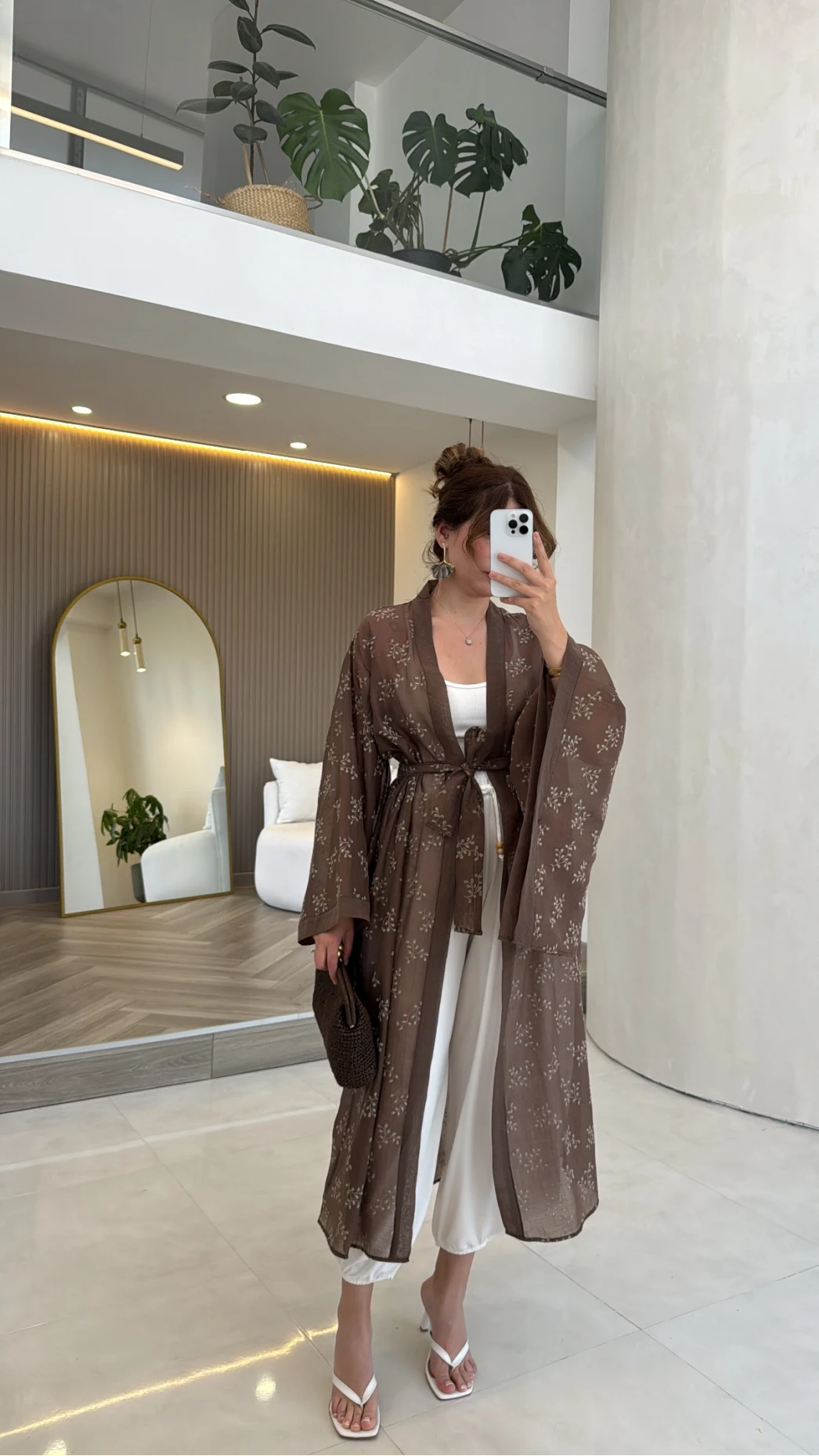 Kuşaklı Nakış İşlemeli Kimono - Kahve - Kod: 5097
