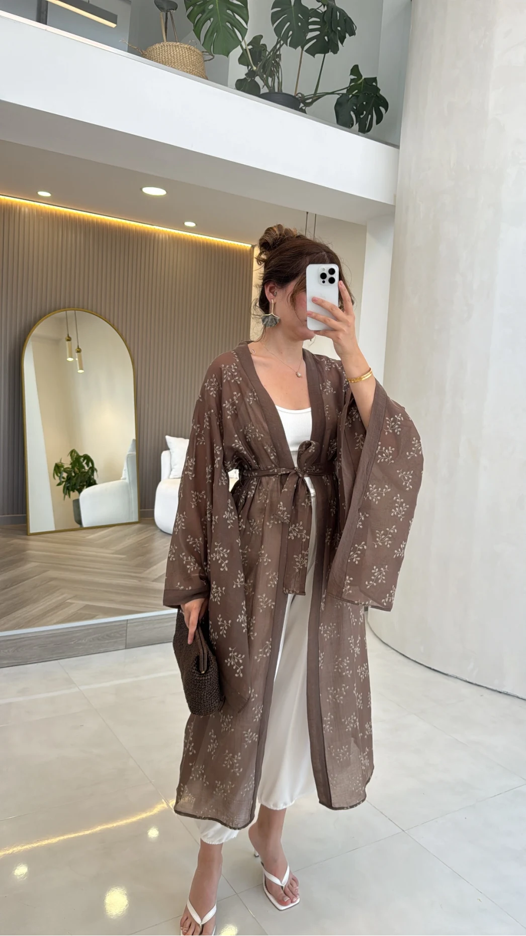 Kuşaklı Nakış İşlemeli Kimono - Kahve - Kod: 5097