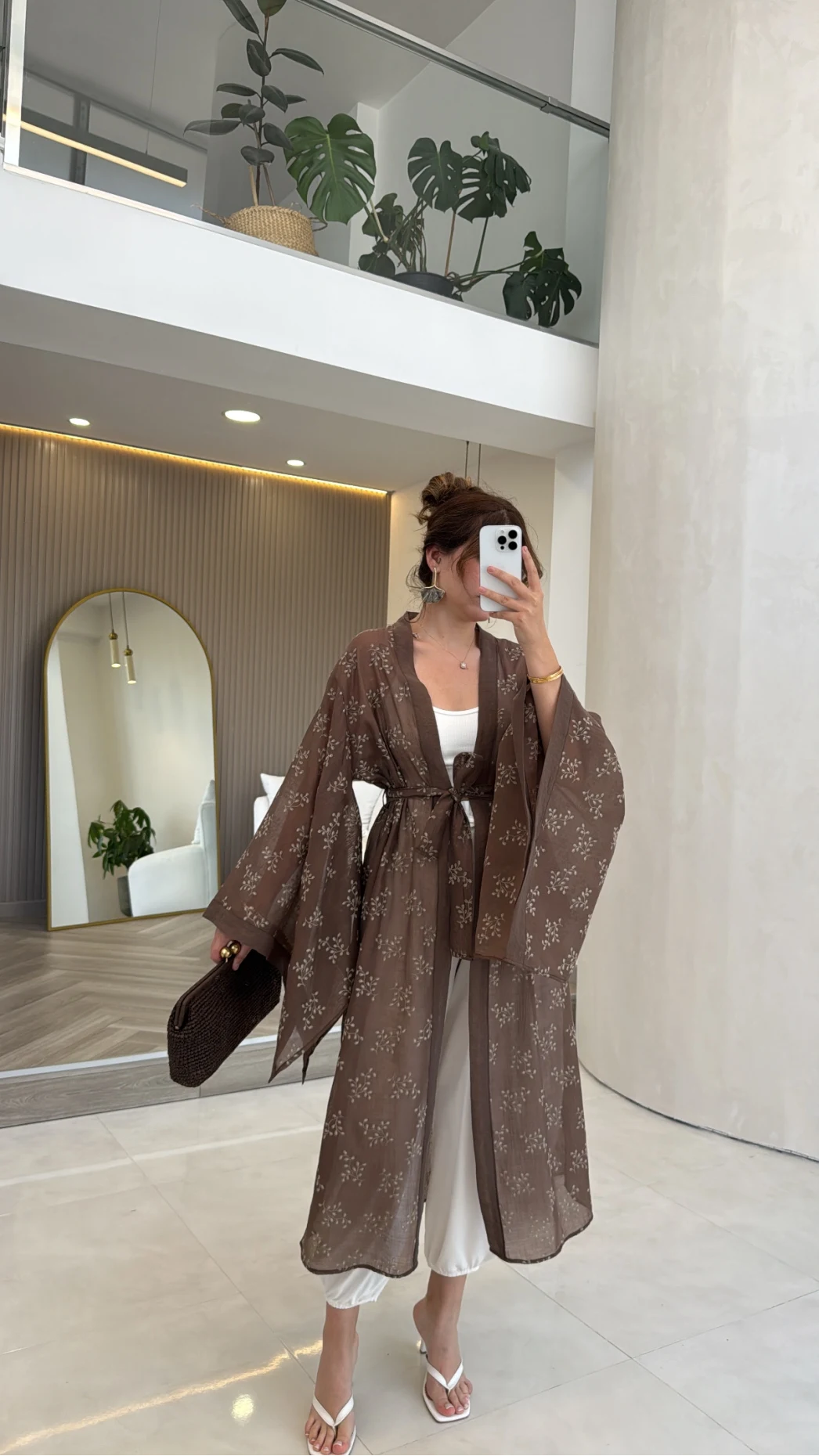 Kuşaklı Nakış İşlemeli Kimono - Kahve - Kod: 5097