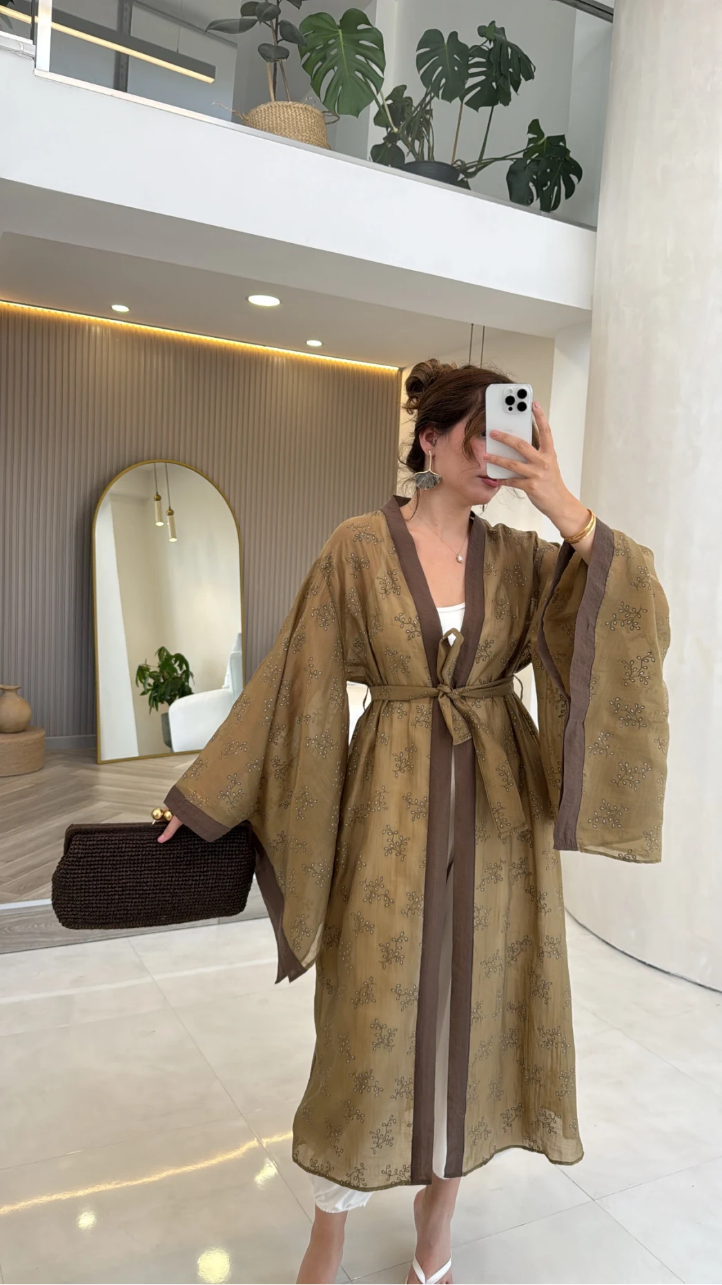 Kuşaklı Nakış İşlemeli Kimono - Olive - Kod: 5097