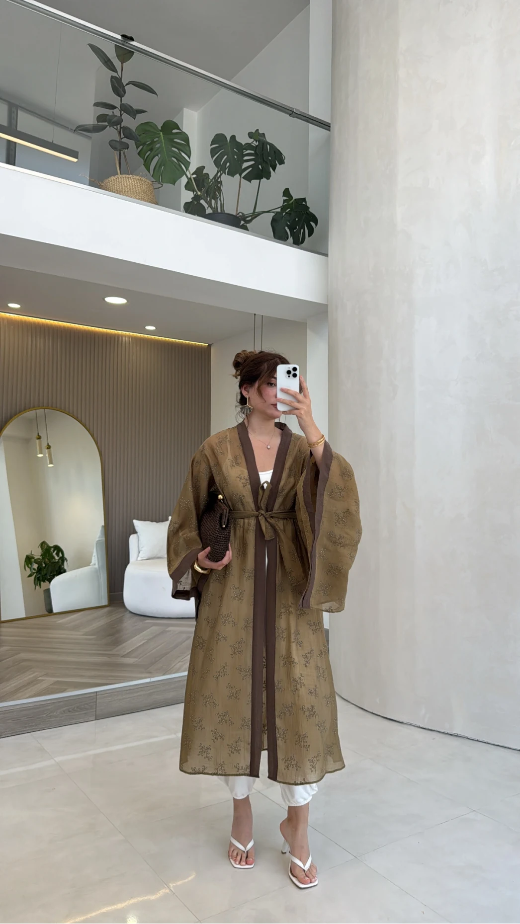 Kuşaklı Nakış İşlemeli Kimono - Olive - Kod: 5097
