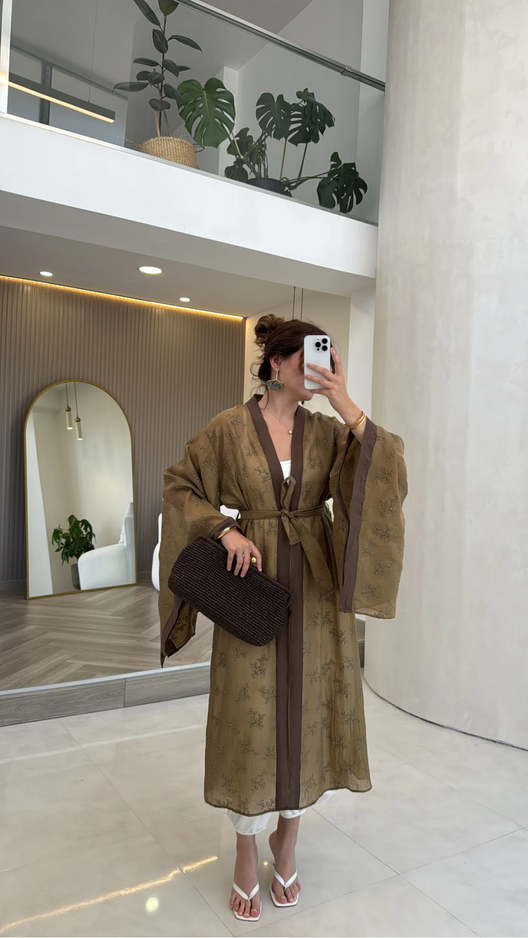 Kuşaklı Nakış İşlemeli Kimono - Olive - Kod: 5097