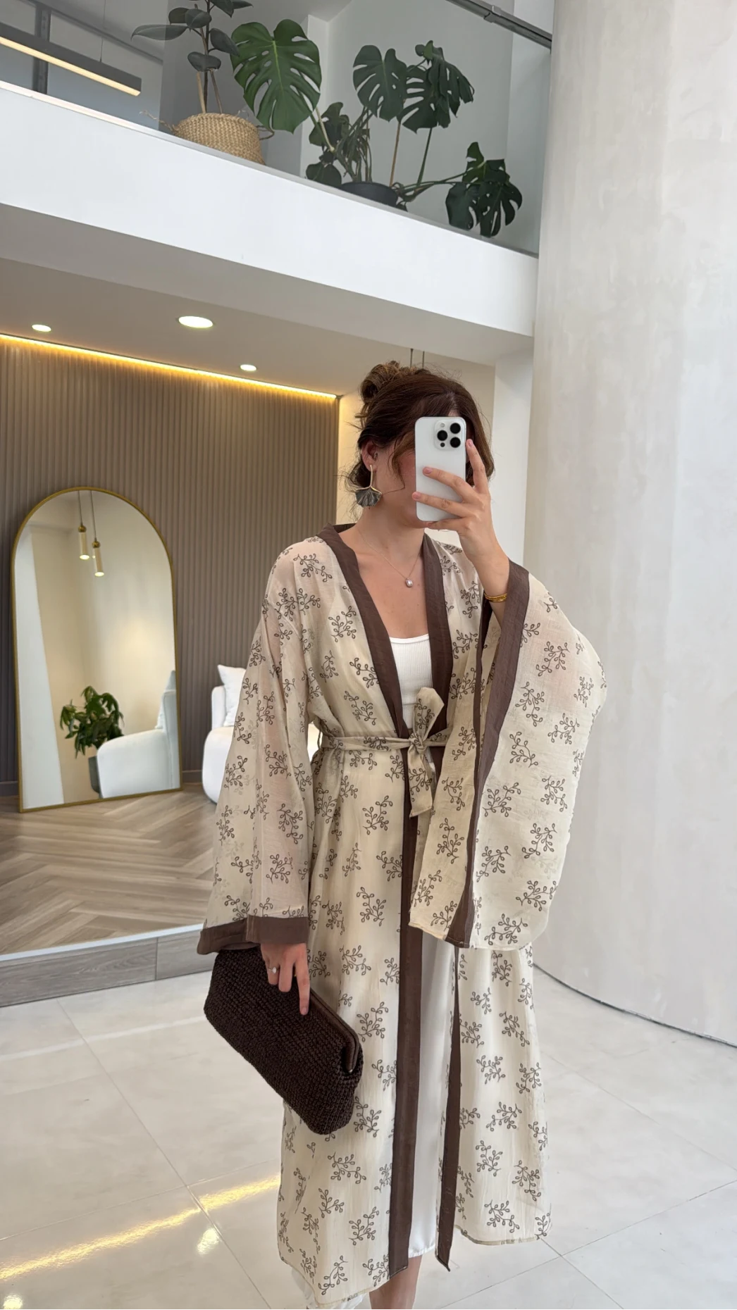 Kuşaklı Nakış İşlemeli Kimono - Taş - Kod: 5097