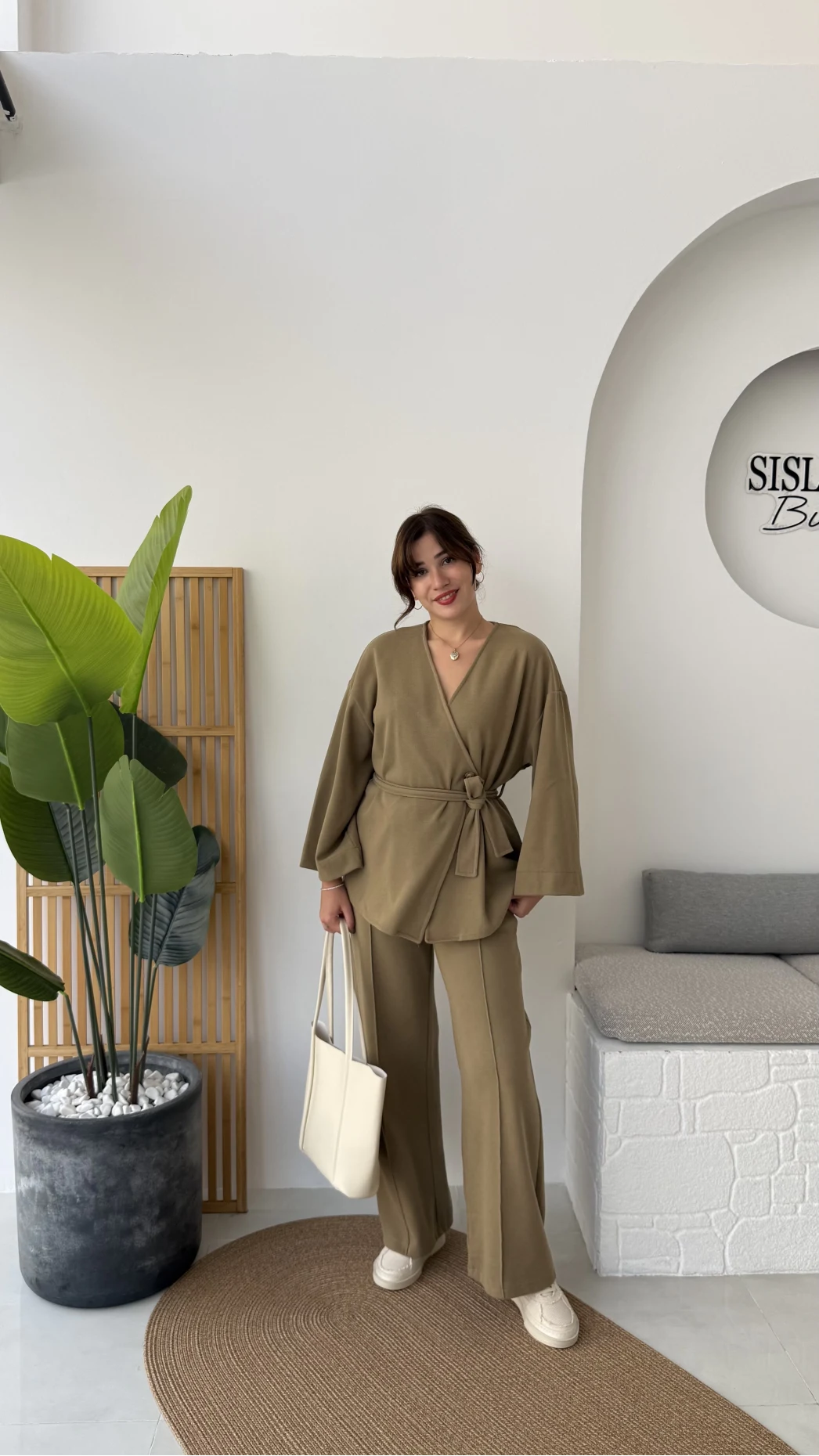 Kuşaklı Nervür Dikişli Örme Takım - Haki - Kod: 8839