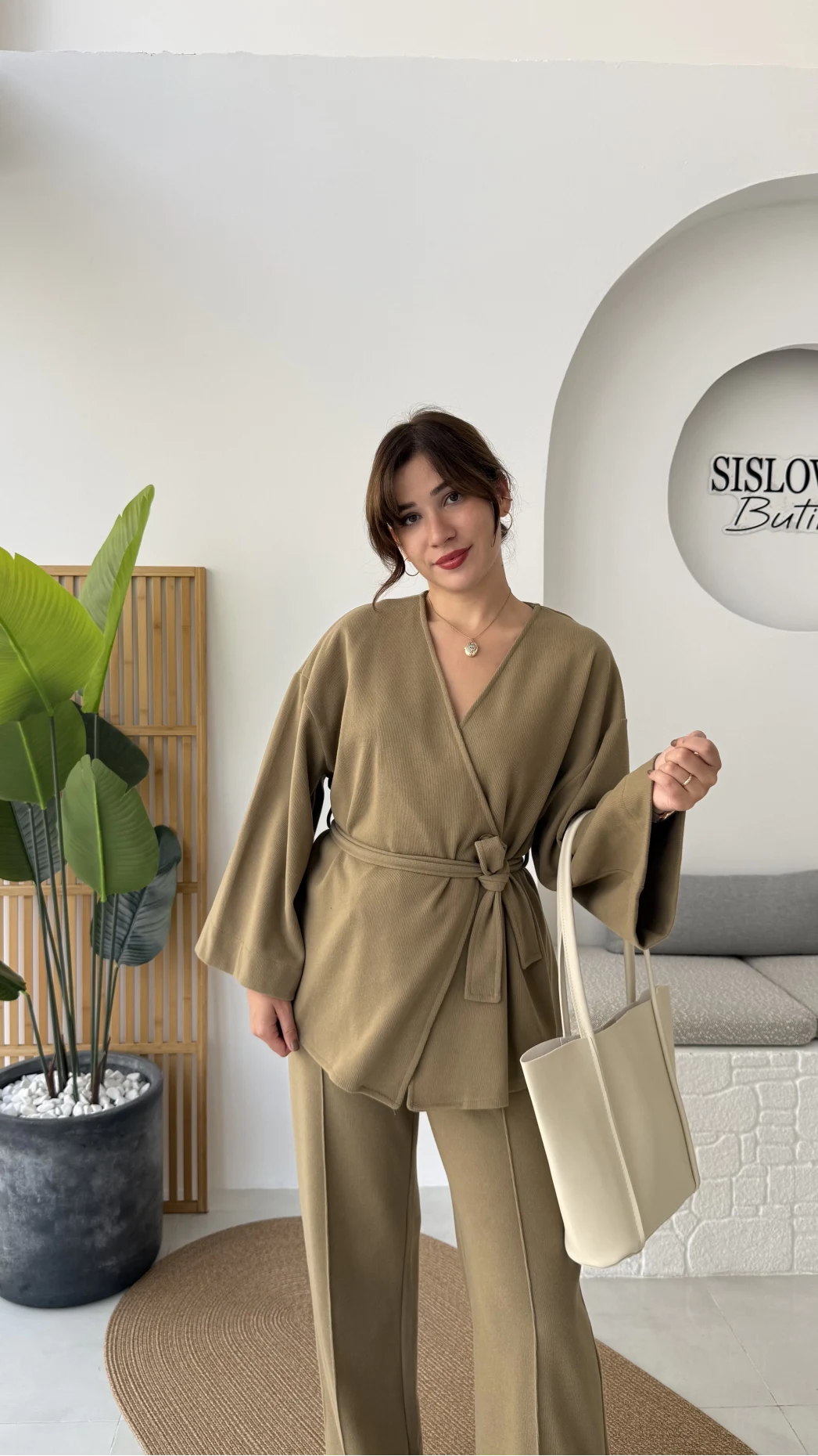 Kuşaklı Nervür Dikişli Örme Takım - Haki - Kod: 8839