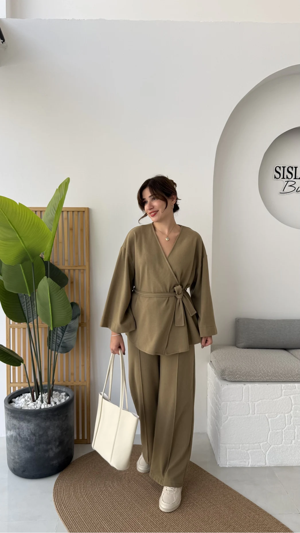 Kuşaklı Nervür Dikişli Örme Takım - Haki - Kod: 8839