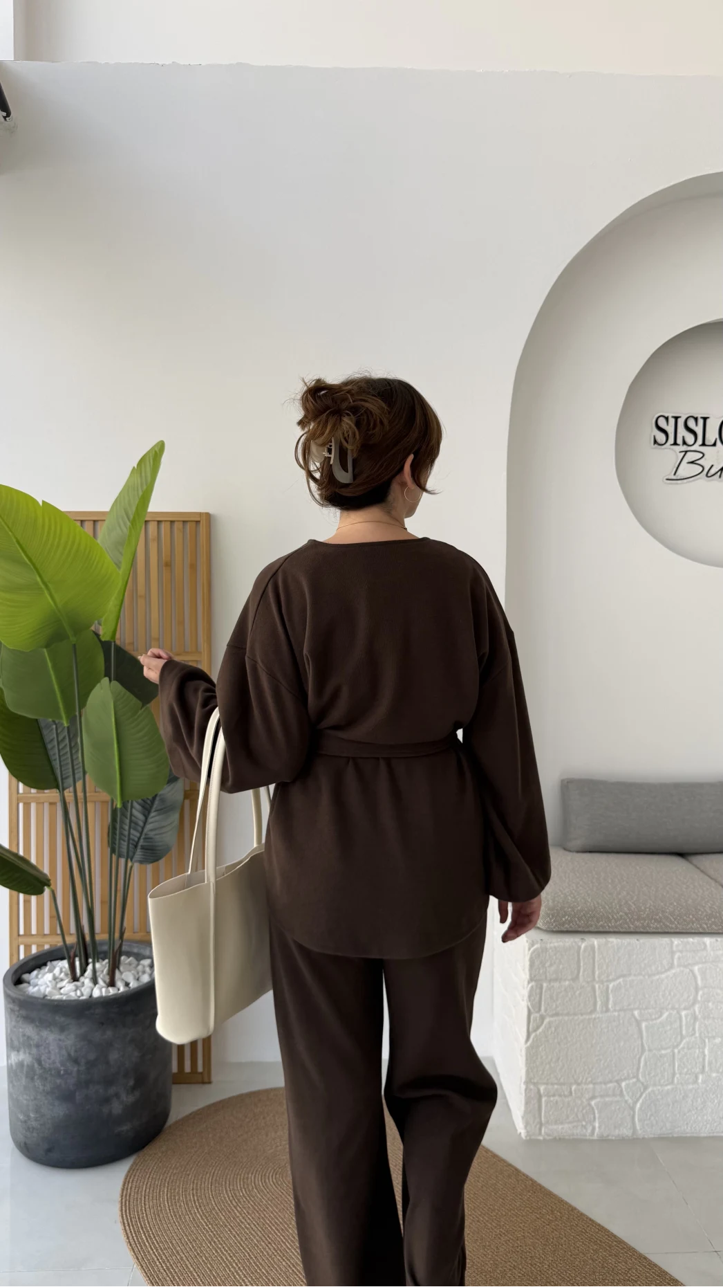 Kuşaklı Nervür Dikişli Örme Takım - Kahverengi - Kod: 8839