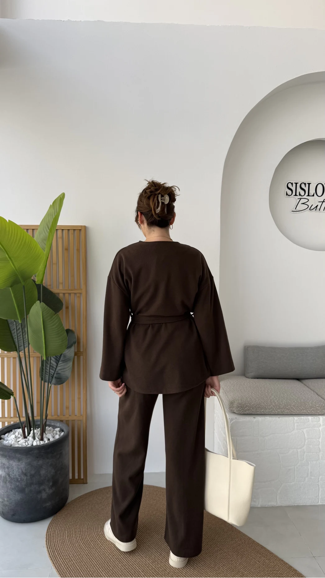 Kuşaklı Nervür Dikişli Örme Takım - Kahverengi - Kod: 8839