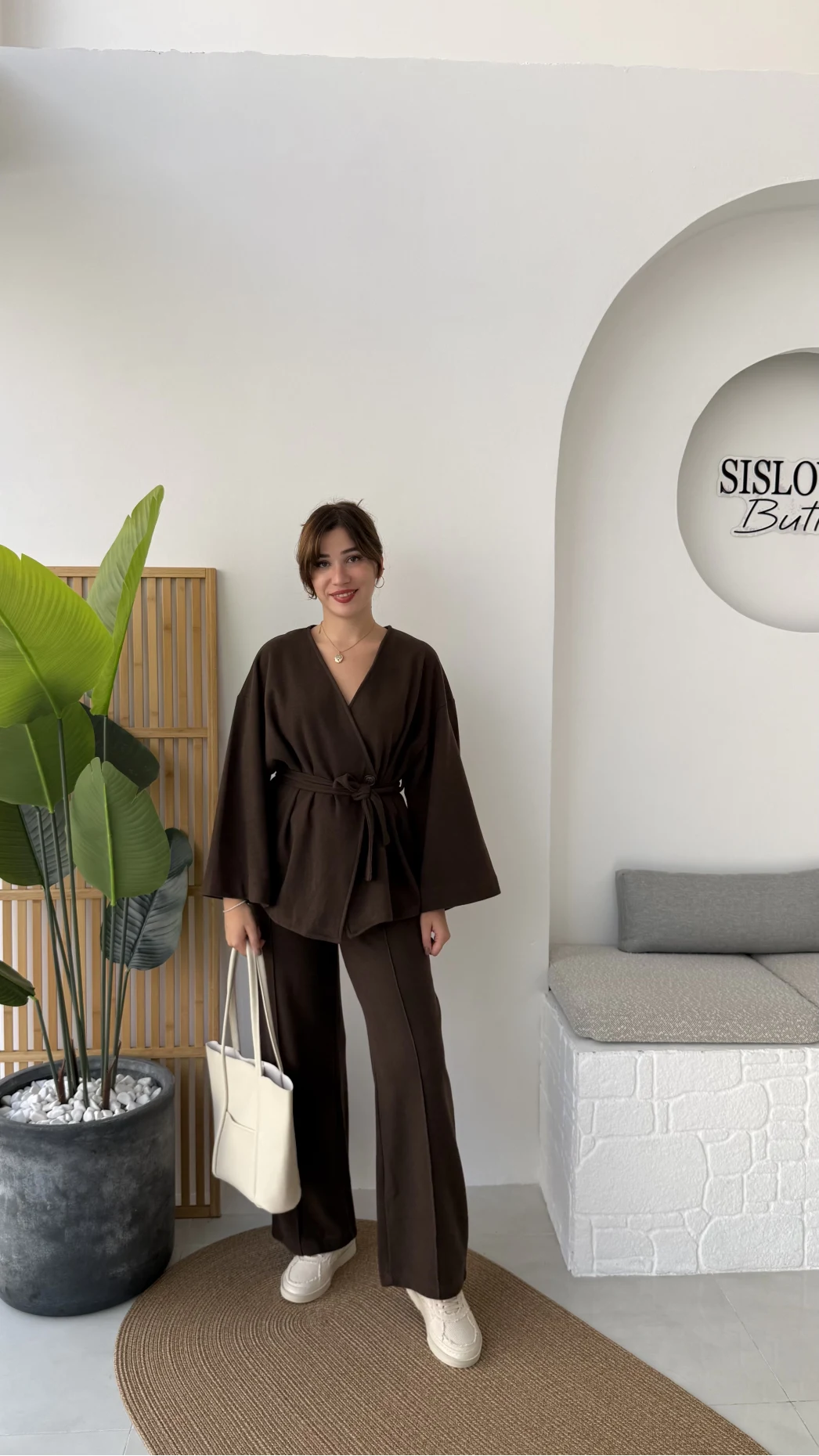 Kuşaklı Nervür Dikişli Örme Takım - Kahverengi - Kod: 8839