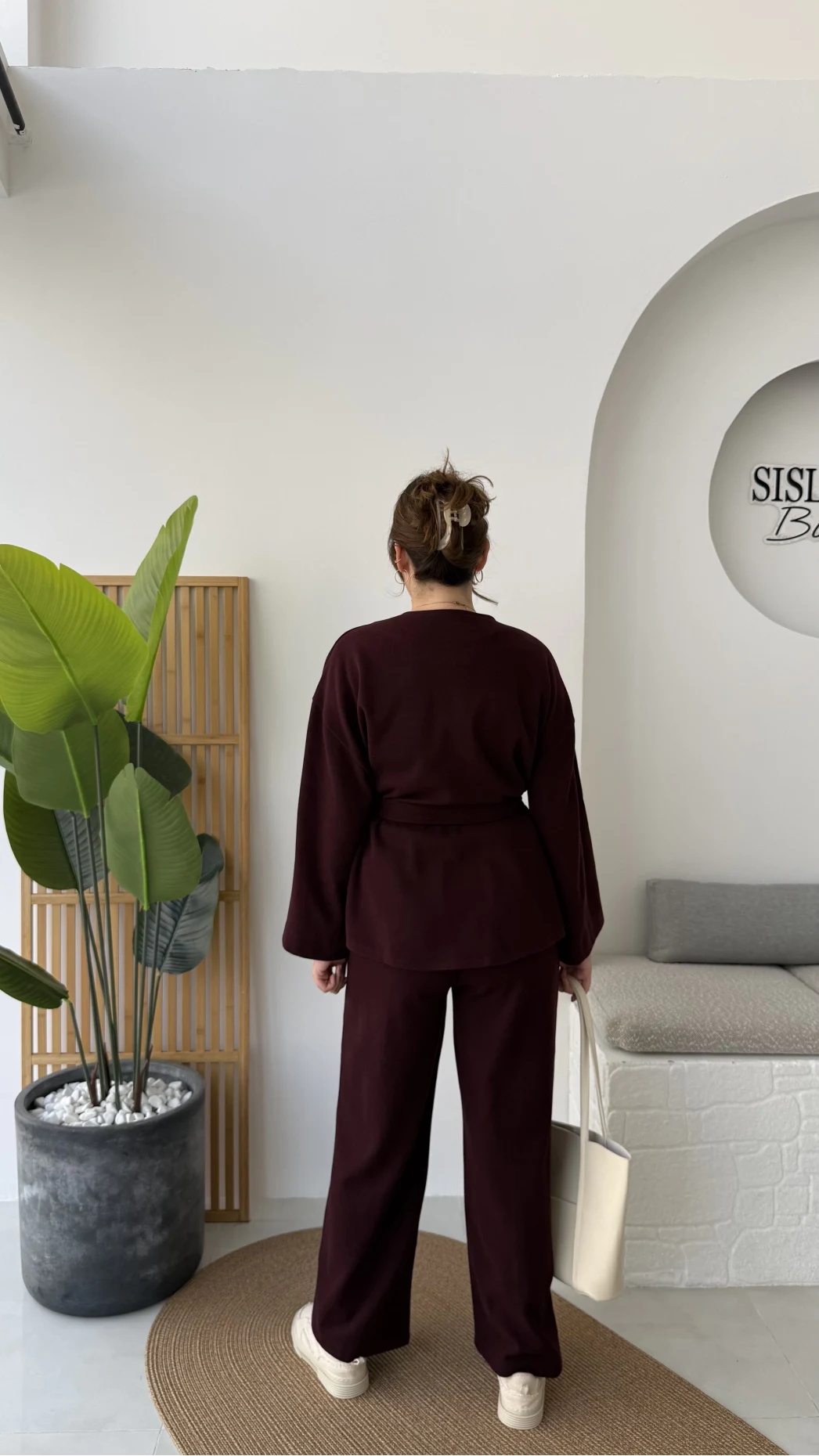 Kuşaklı Nervür Dikişli Örme Takım - Mürdüm - Kod: 8839