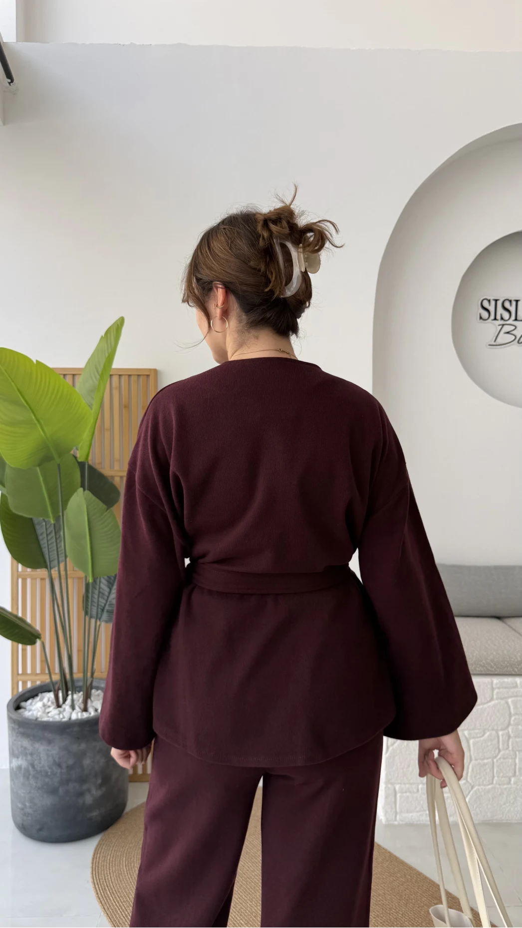 Kuşaklı Nervür Dikişli Örme Takım - Mürdüm - Kod: 8839