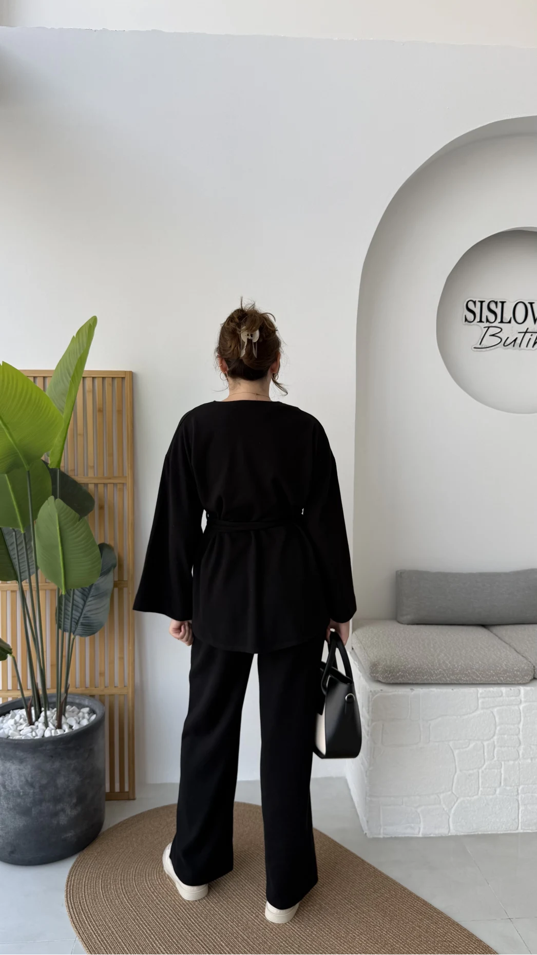 Kuşaklı Nervür Dikişli Örme Takım - Siyah - Kod: 8839