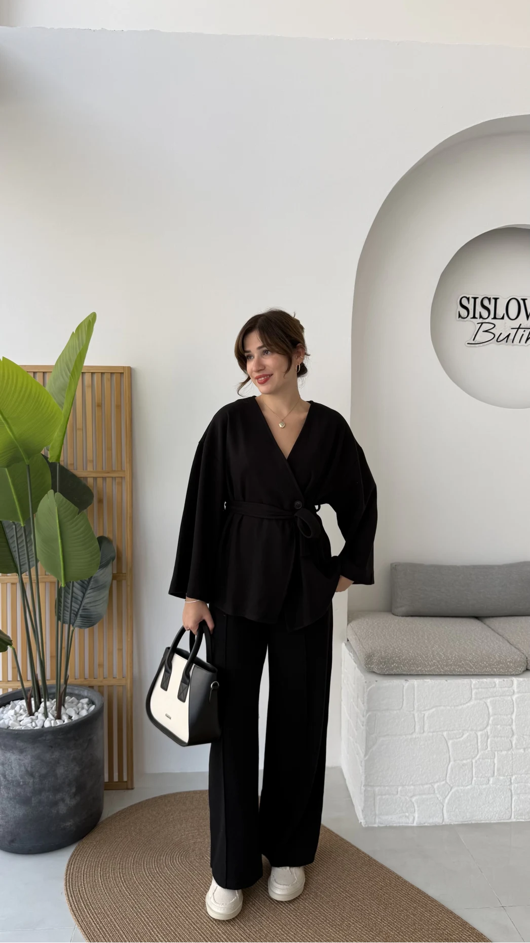 Kuşaklı Nervür Dikişli Örme Takım - Siyah - Kod: 8839