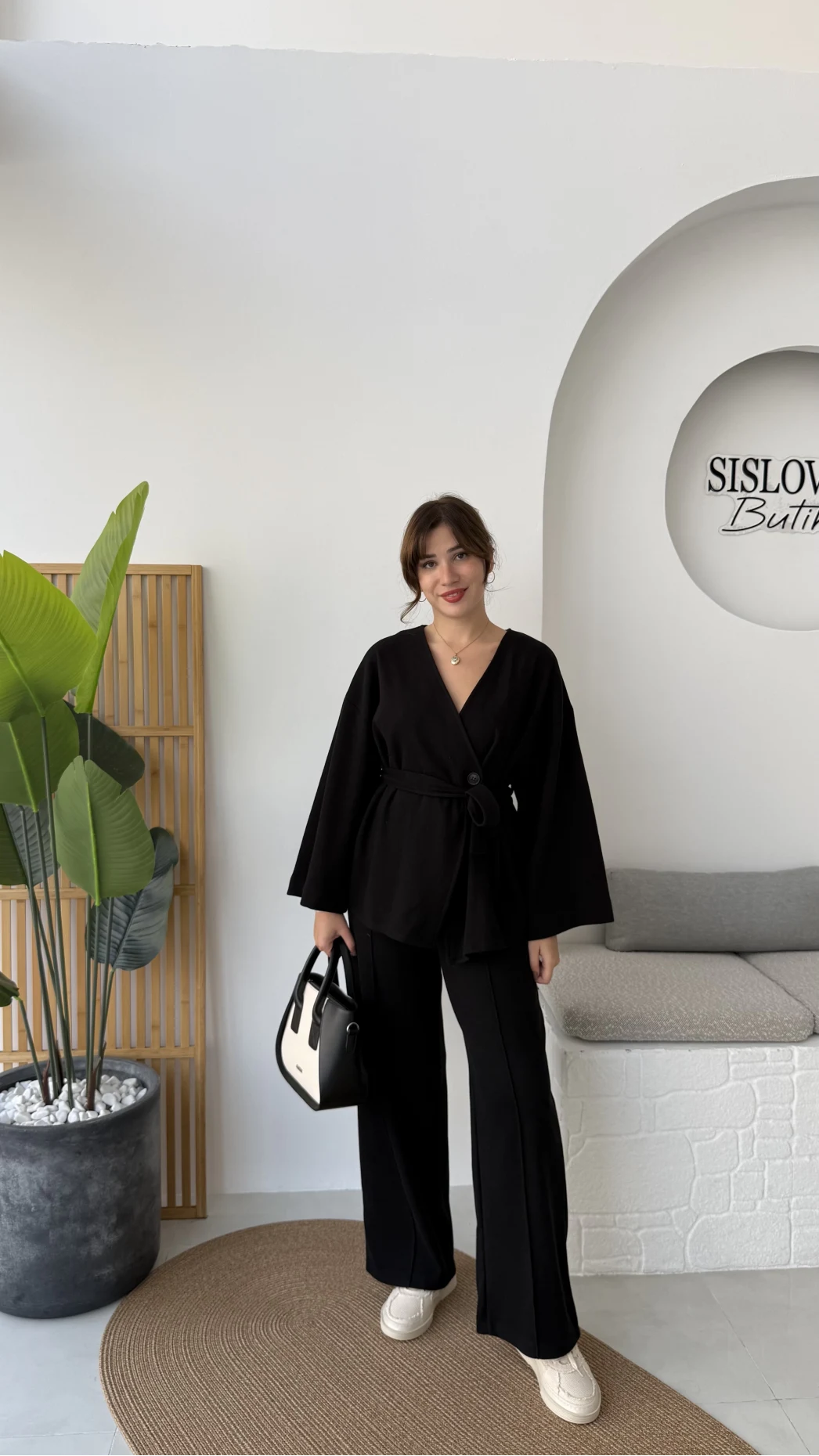 Kuşaklı Nervür Dikişli Örme Takım - Siyah - Kod: 8839