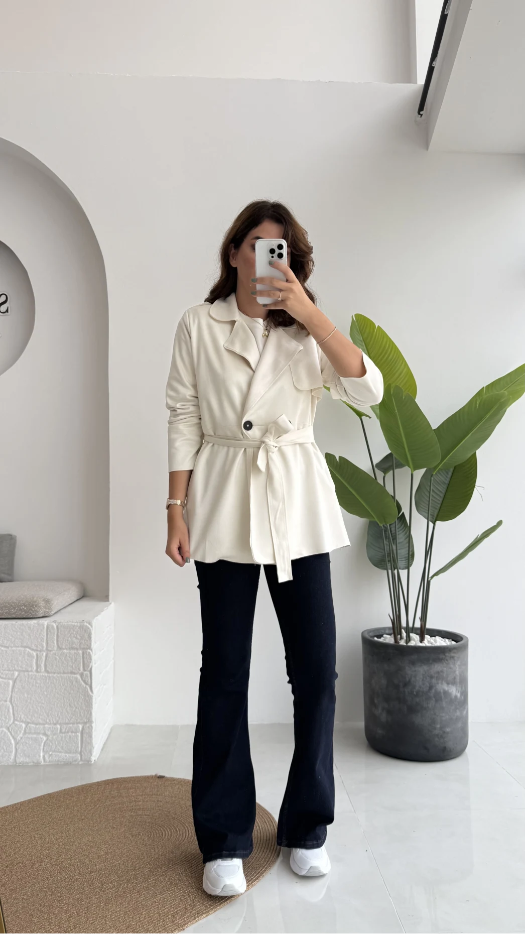 Kuşaklı Süet Trençkot - Kırık Beyaz