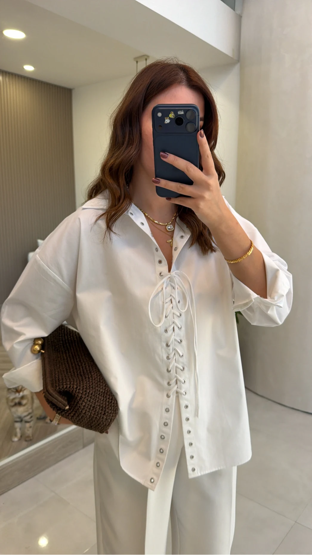 Kuşgözü Oversize Gömlek - Beyaz - Kod: 5157