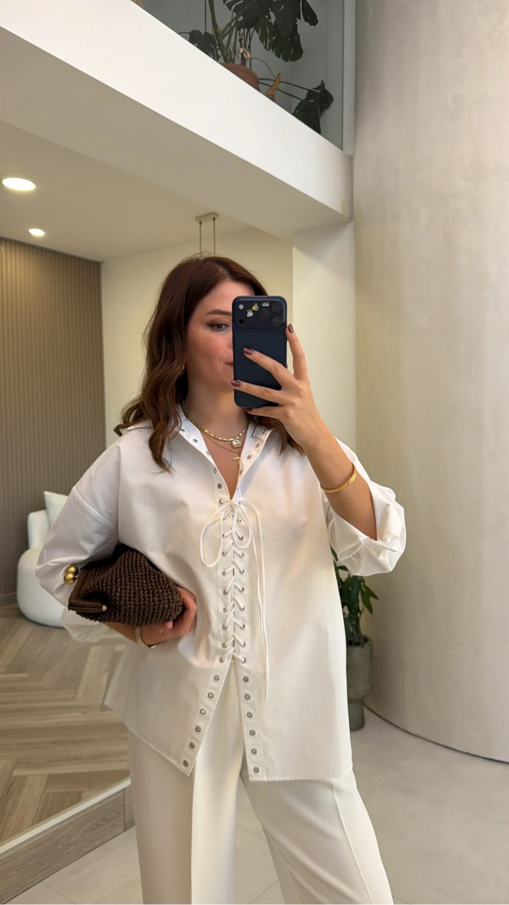 Kuşgözü Oversize Gömlek - Beyaz - Kod: 5157