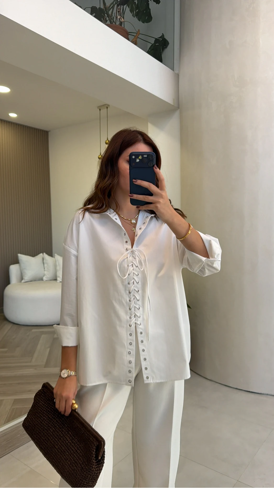 Kuşgözü Oversize Gömlek - Beyaz - Kod: 5157