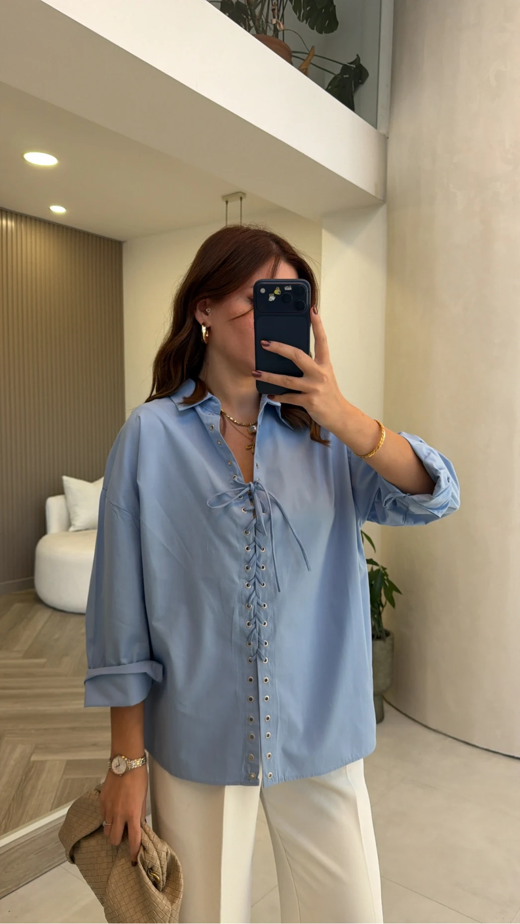 Kuşgözü Oversize Gömlek - Mavi - Kod: 5157
