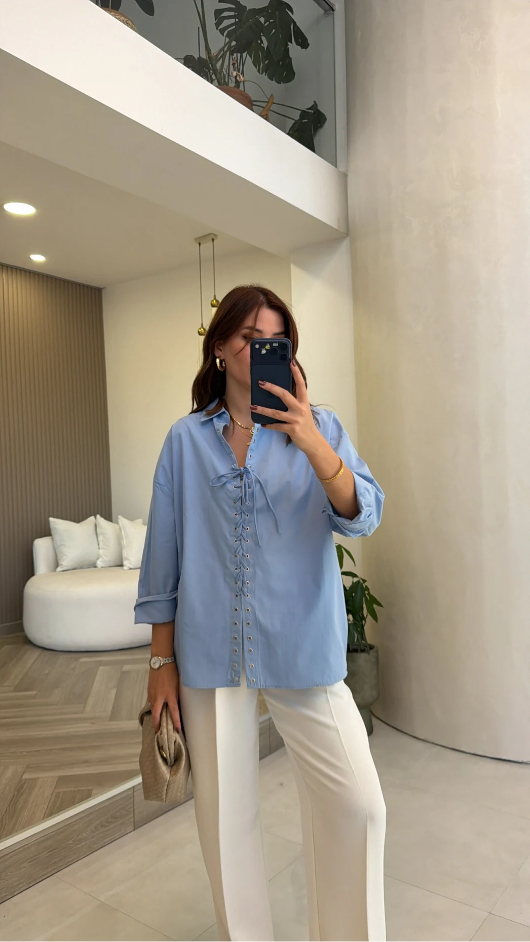 Kuşgözü Oversize Gömlek - Mavi - Kod: 5157