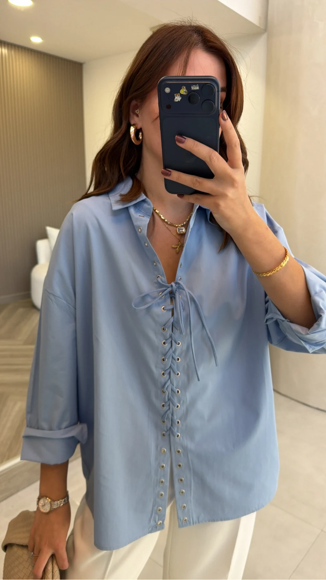 Kuşgözü Oversize Gömlek - Mavi - Kod: 5157