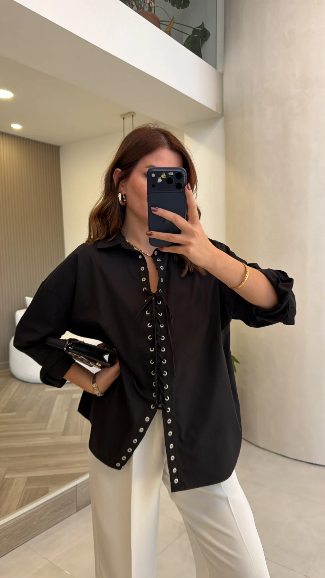 Kuşgözü Oversize Gömlek - Siyah - Kod: 5157