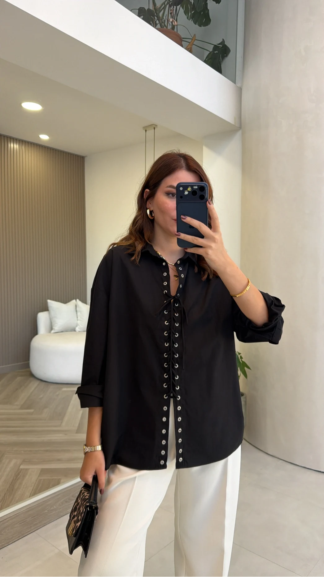 Kuşgözü Oversize Gömlek - Siyah - Kod: 5157