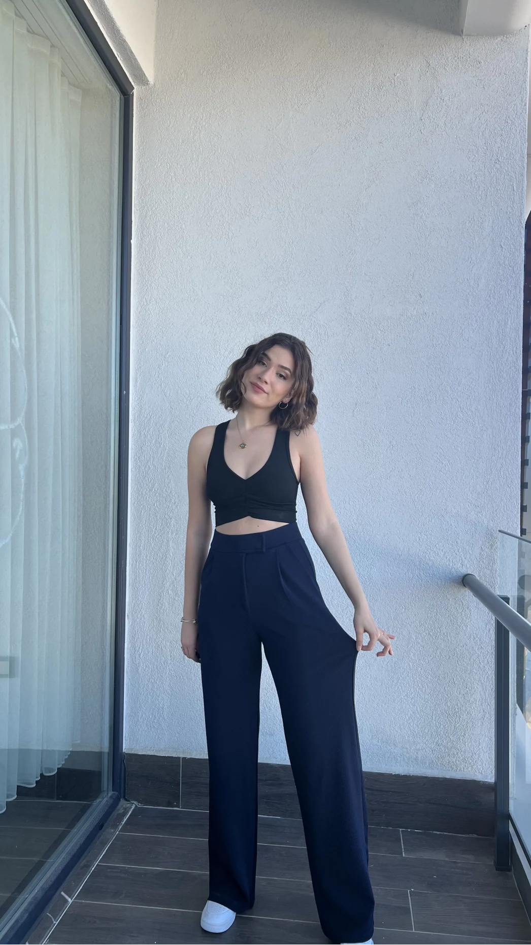 Lacivert Likralı Cırtlı Pantolon