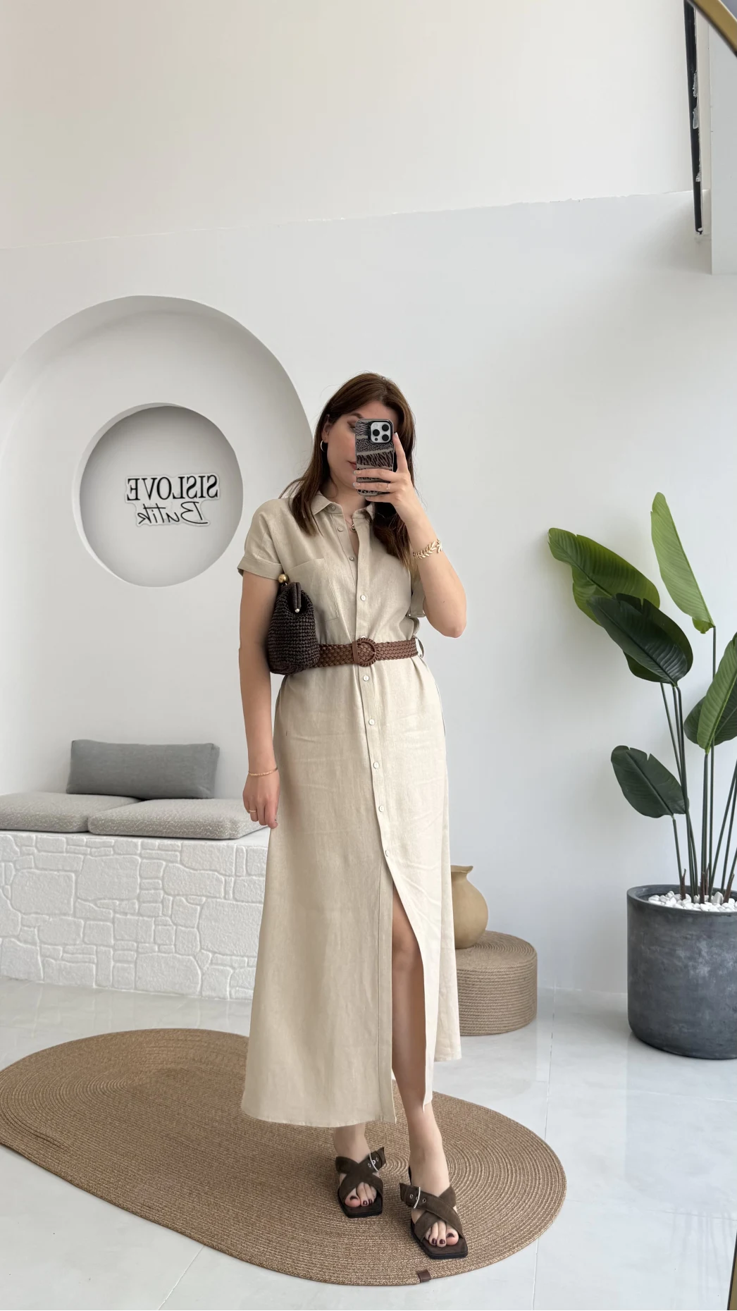 Lale Kısa Kollu Kemerli Gömlek Elbise - Taş- 3307