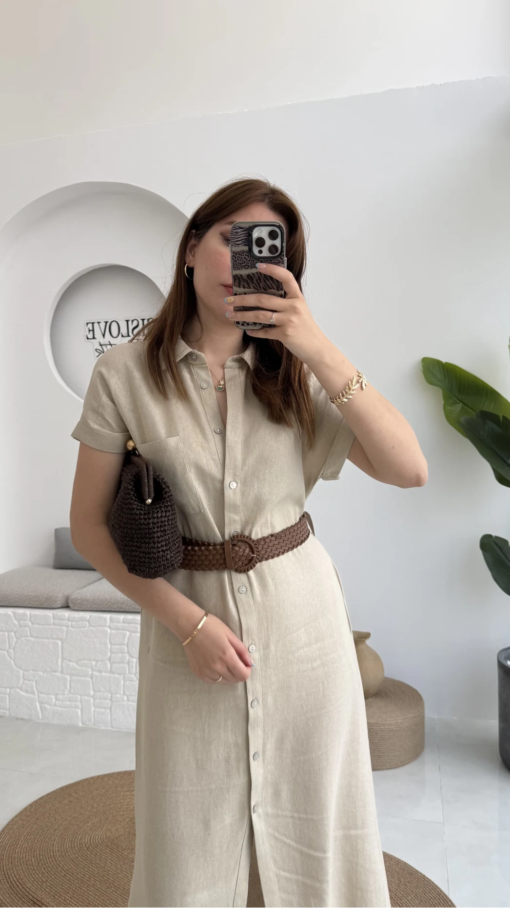 Lale Kısa Kollu Kemerli Gömlek Elbise - Taş- 3307