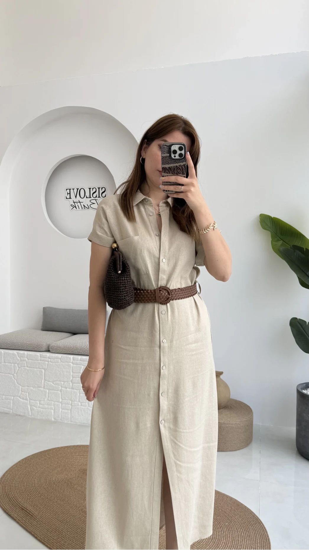 Lale Kısa Kollu Kemerli Gömlek Elbise - Taş- 3307