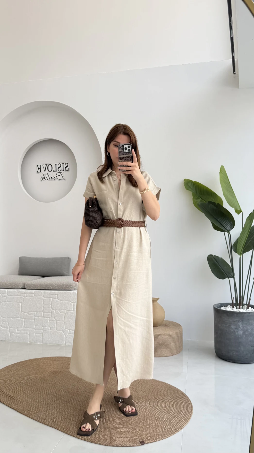 Lale Kısa Kollu Kemerli Gömlek Elbise - Taş- 3307