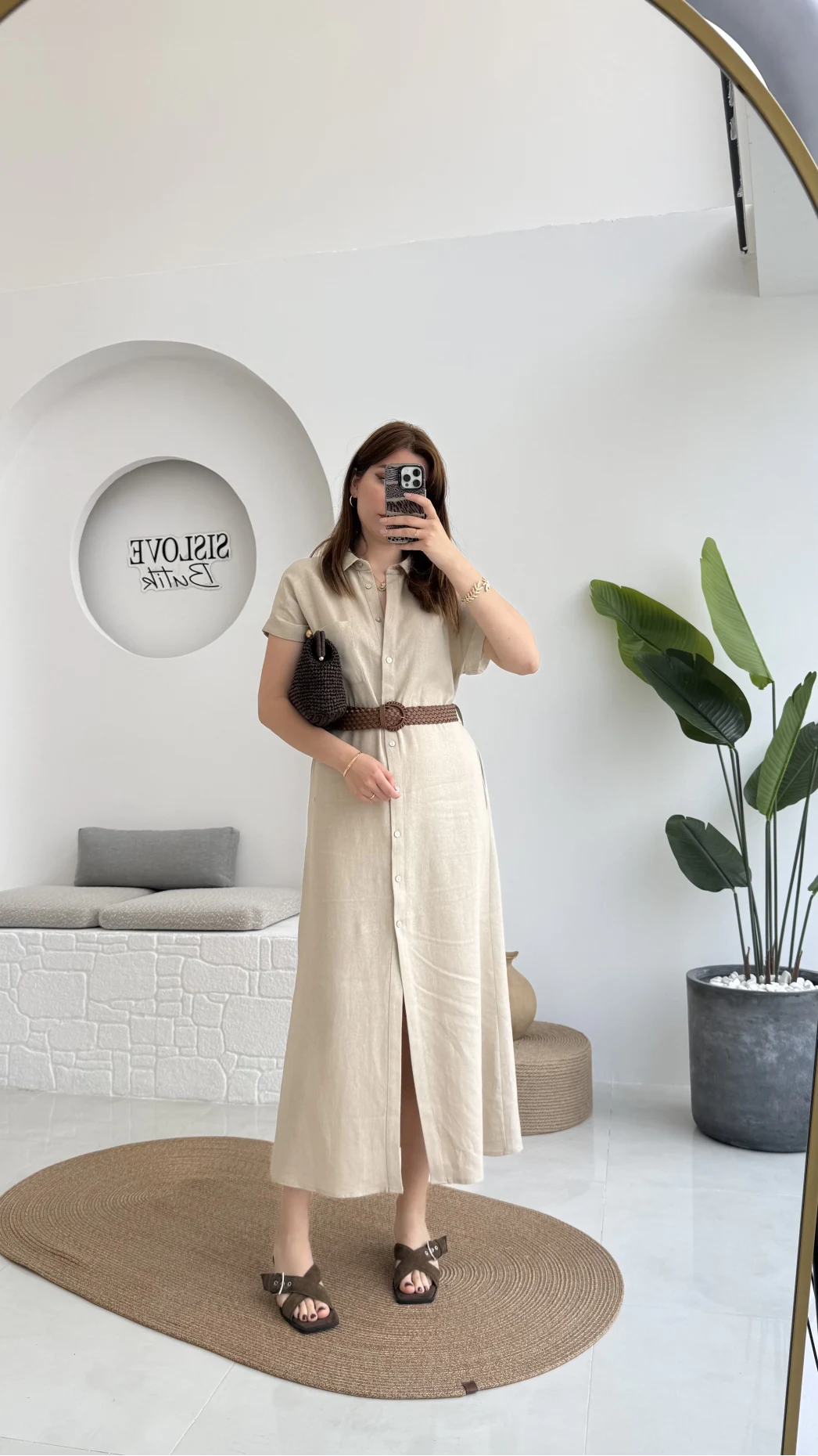 Lale Kısa Kollu Kemerli Gömlek Elbise - Taş- 3307