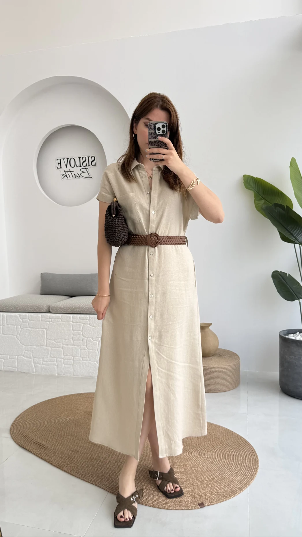 Lale Kısa Kollu Kemerli Gömlek Elbise - Taş- 3307