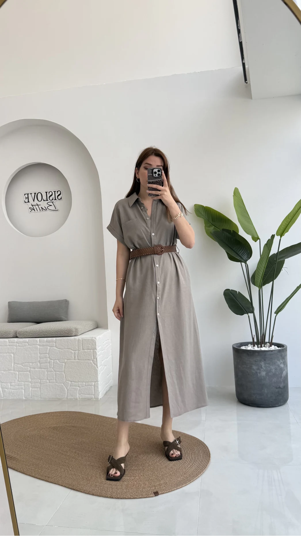 Lale Kısa Kollu Kemerli Gömlek Elbise - Vizon - 3307