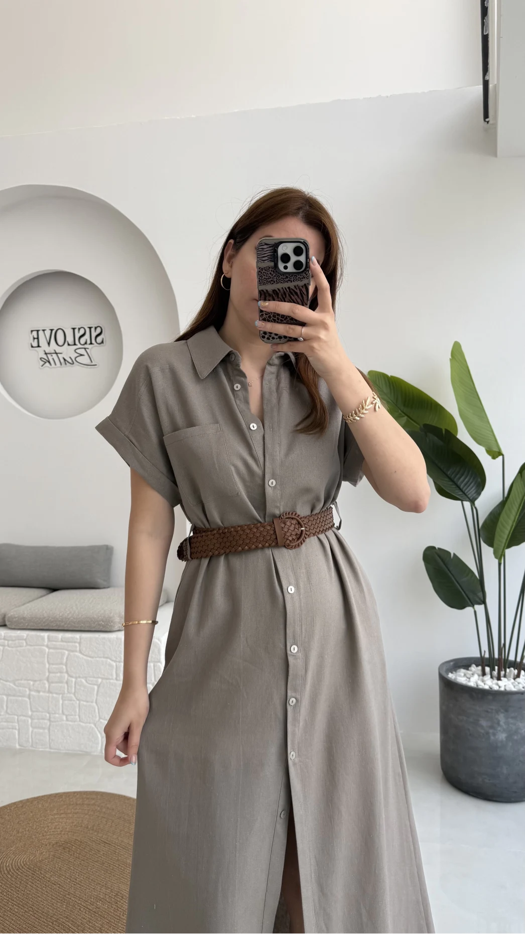 Lale Kısa Kollu Kemerli Gömlek Elbise - Vizon - 3307