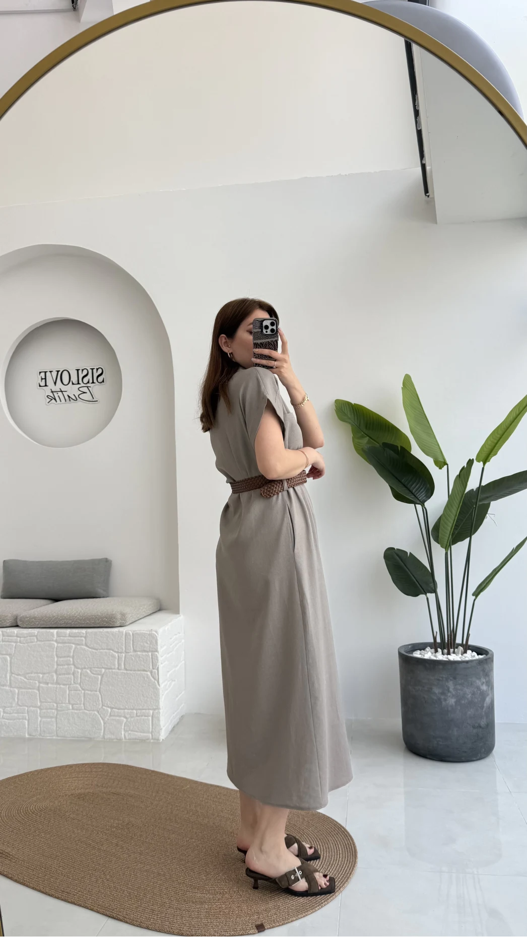 Lale Kısa Kollu Kemerli Gömlek Elbise - Vizon - 3307