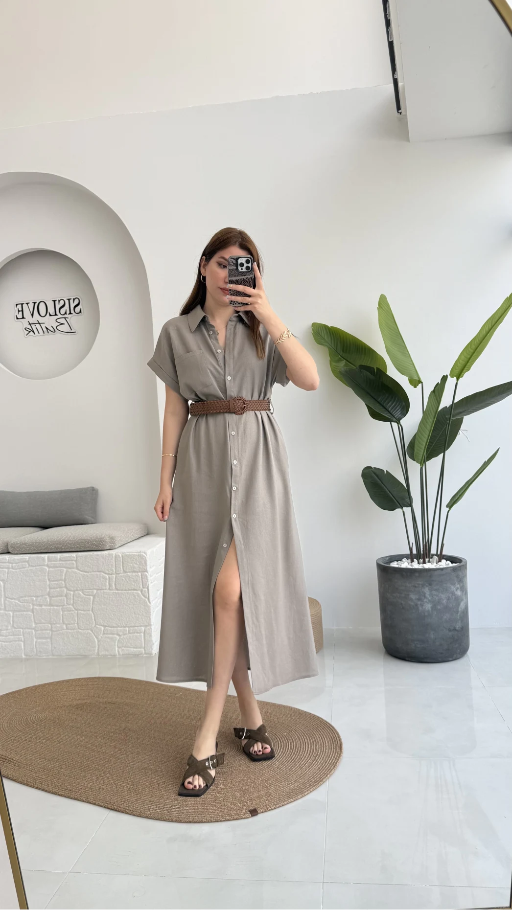 Lale Kısa Kollu Kemerli Gömlek Elbise - Vizon - 3307