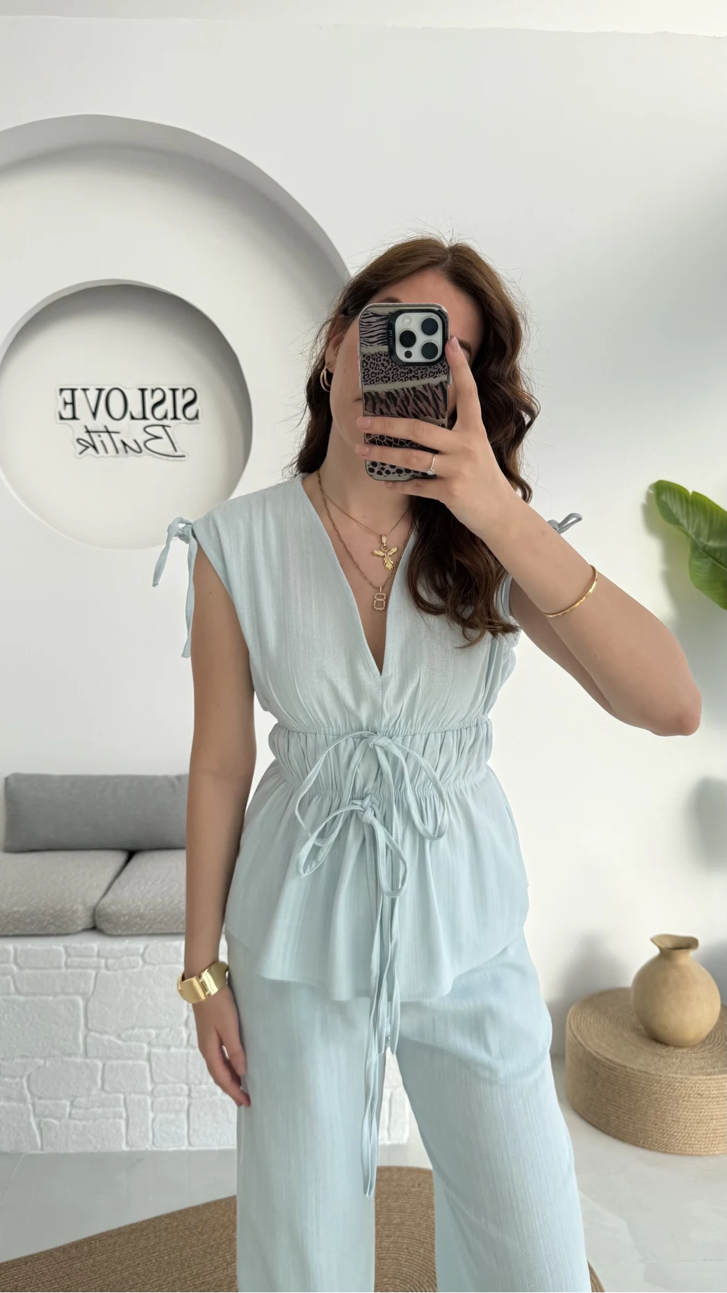 Lastik Detay Bluz Takım - Mavi